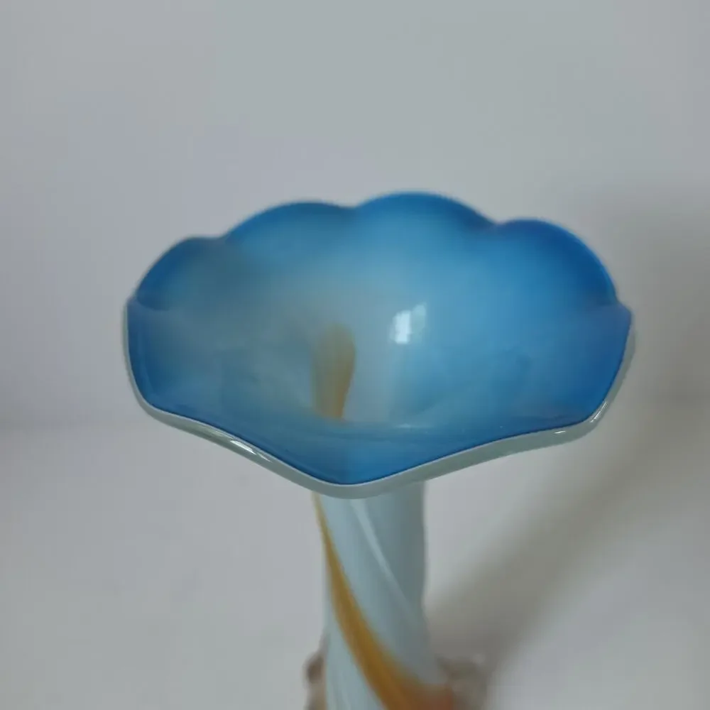 Vtg Murano Style Jack in the Pulpit Orange Blue White Ribbed Art Glass Vase 9”